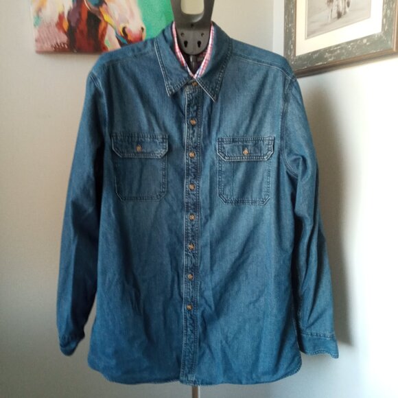 Vintage Eddie Bauer Denim plaid lined button up Shirt size XL Tall - Picture 1 of 9